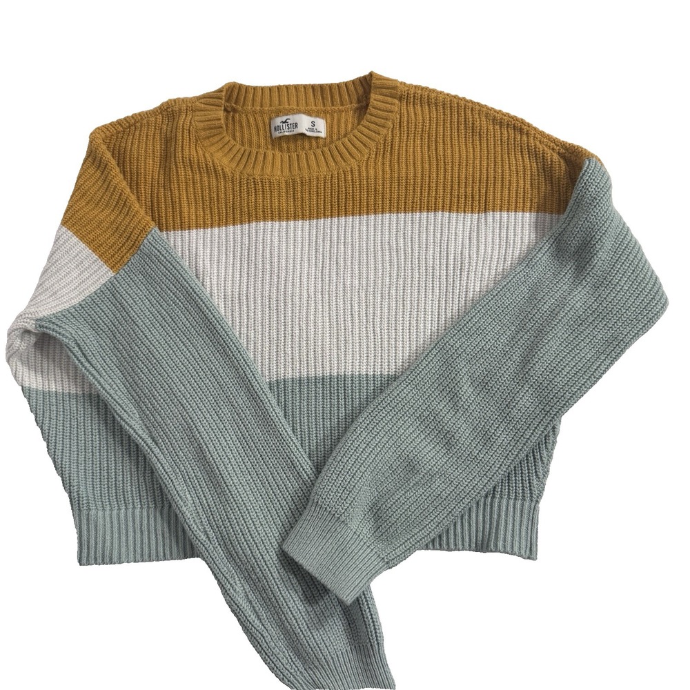 Hollister Sweater Cropped Womens S Oversized‎ Knit Cream Green Striped Crew Neck